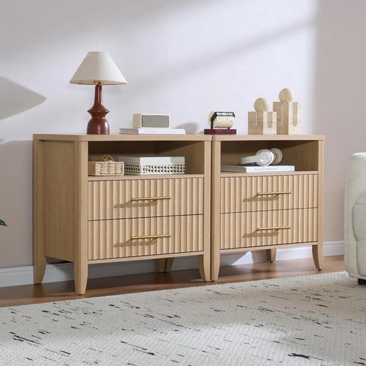 Set of 2 Fluted Nightstands with 2 Storage Drawers